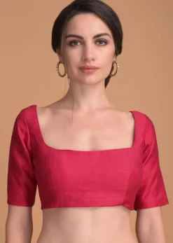 Hot Pink Blouse In Raw Silk With Wide U Neckline And Half Sleeves