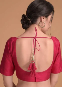 Hot Pink Blouse In Raw Silk With Wide U Neckline And Half Sleeves