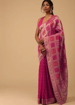 Hot Pink Dola Silk Banarasi Saree With Bandhani Waeve