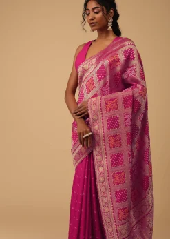 Hot Pink Dola Silk Banarasi Saree With Bandhani Waeve