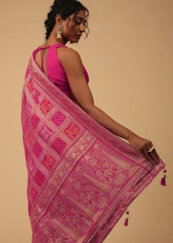 Hot Pink Dola Silk Banarasi Saree With Bandhani Waeve