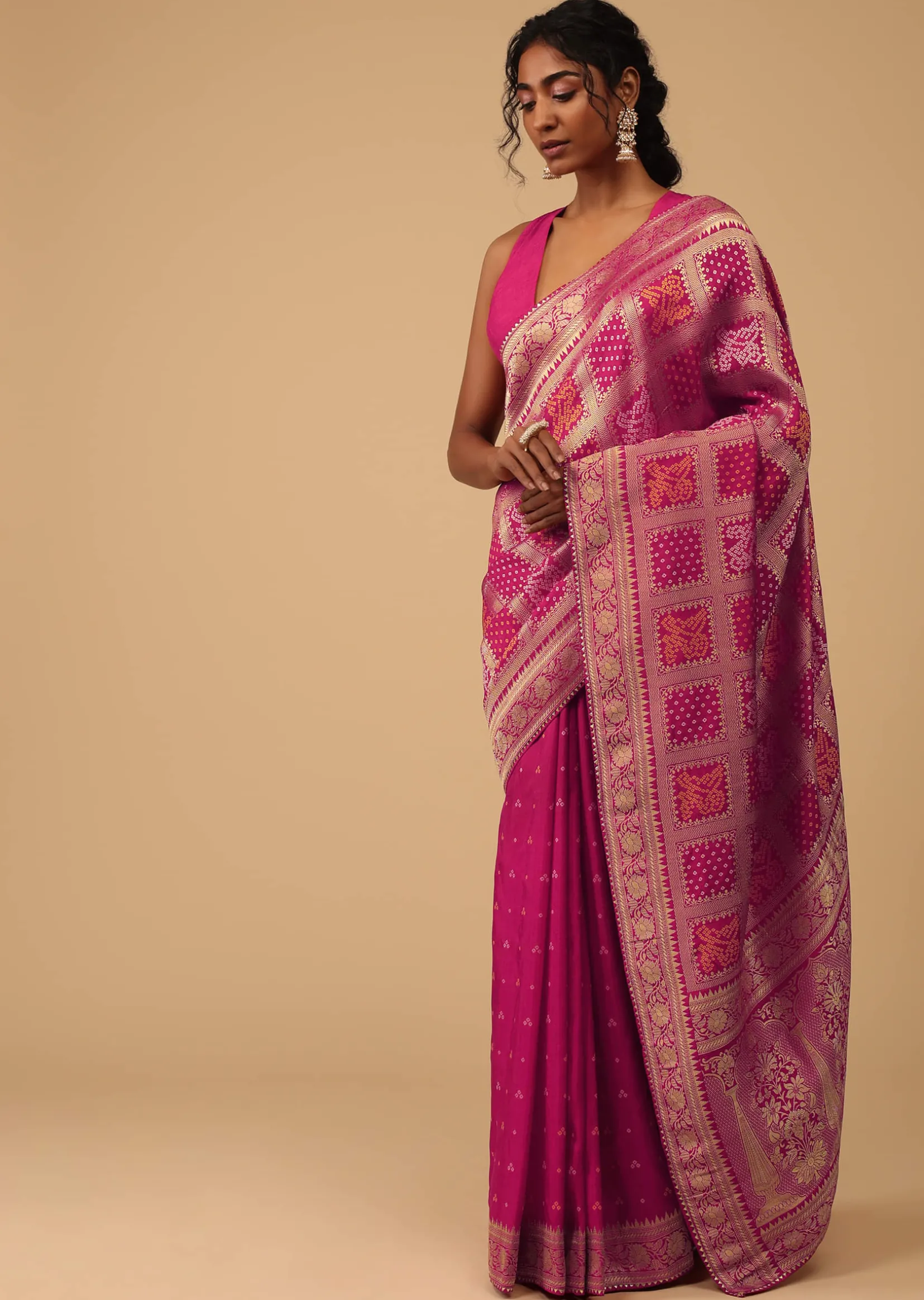 Hot Pink Dola Silk Banarasi Saree With Bandhani Waeve