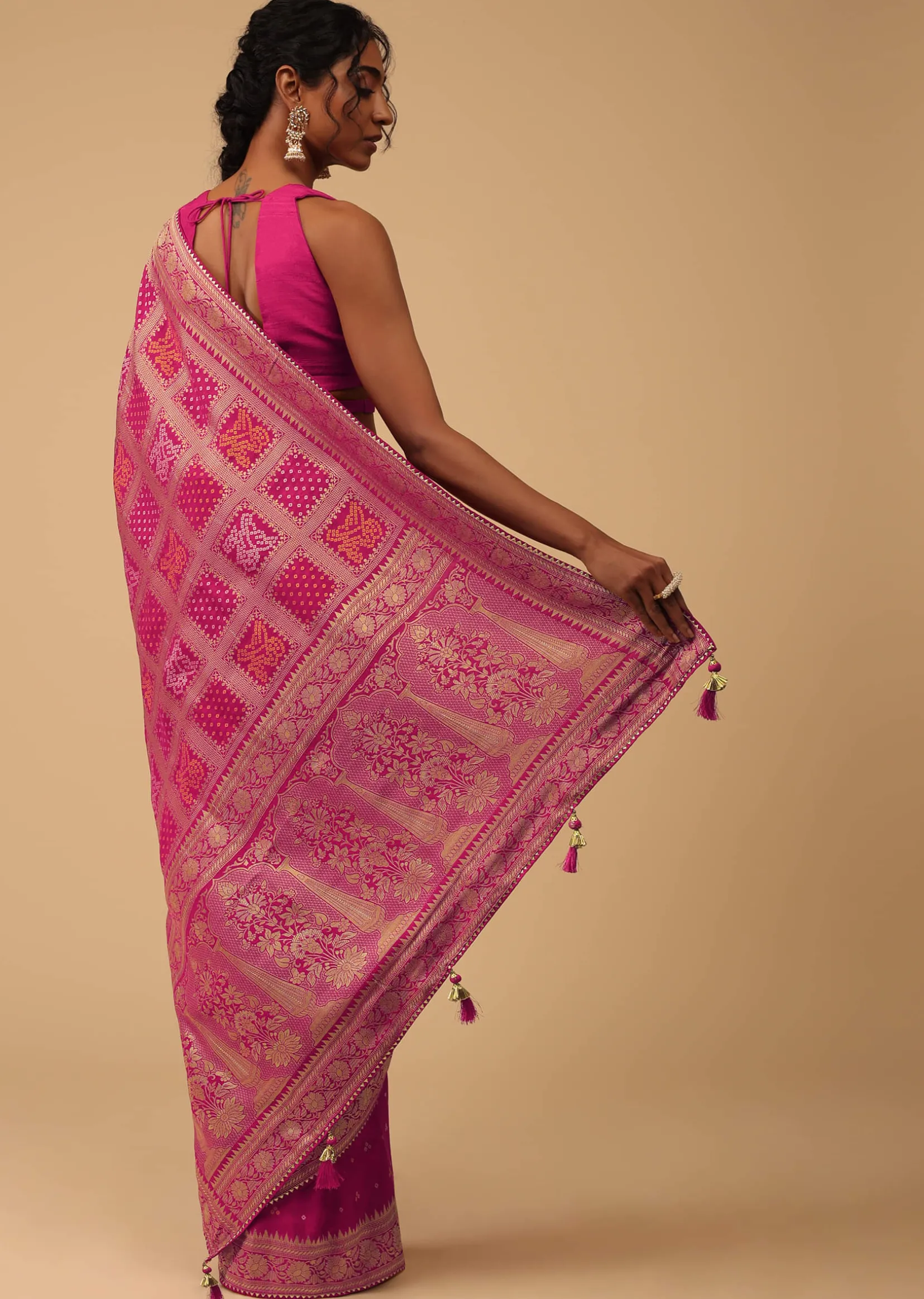 Hot Pink Dola Silk Banarasi Saree With Bandhani Waeve