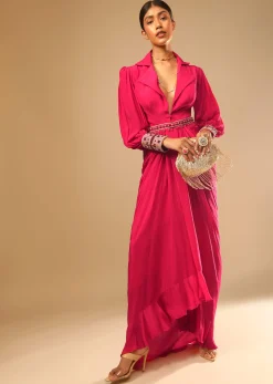 Hot Pink Dress With A Chunky Embroidered Bishop Sleeves And Collar Neckline