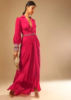 Hot Pink Dress With A Chunky Embroidered Bishop Sleeves And Collar Neckline