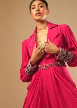 Hot Pink Dress With A Chunky Embroidered Bishop Sleeves And Collar Neckline