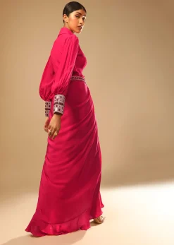 Hot Pink Dress With A Chunky Embroidered Bishop Sleeves And Collar Neckline