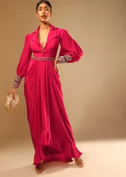 Hot Pink Dress With A Chunky Embroidered Bishop Sleeves And Collar Neckline