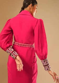 Hot Pink Dress With A Chunky Embroidered Bishop Sleeves And Collar Neckline