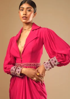 Hot Pink Dress With A Chunky Embroidered Bishop Sleeves And Collar Neckline
