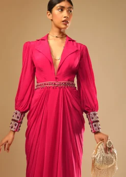 Hot Pink Dress With A Chunky Embroidered Bishop Sleeves And Collar Neckline