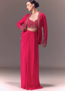 Hot Pink Hand Embellished Blouse With Jacket And Draped Skirt