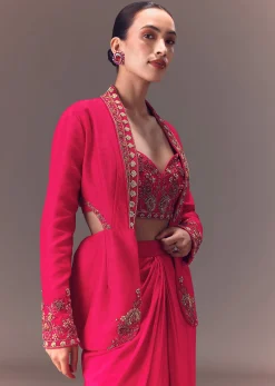 Hot Pink Hand Embellished Blouse With Jacket And Draped Skirt