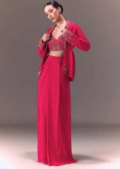 Hot Pink Hand Embellished Blouse With Jacket And Draped Skirt