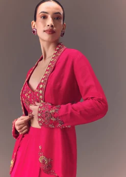 Hot Pink Hand Embellished Blouse With Jacket And Draped Skirt
