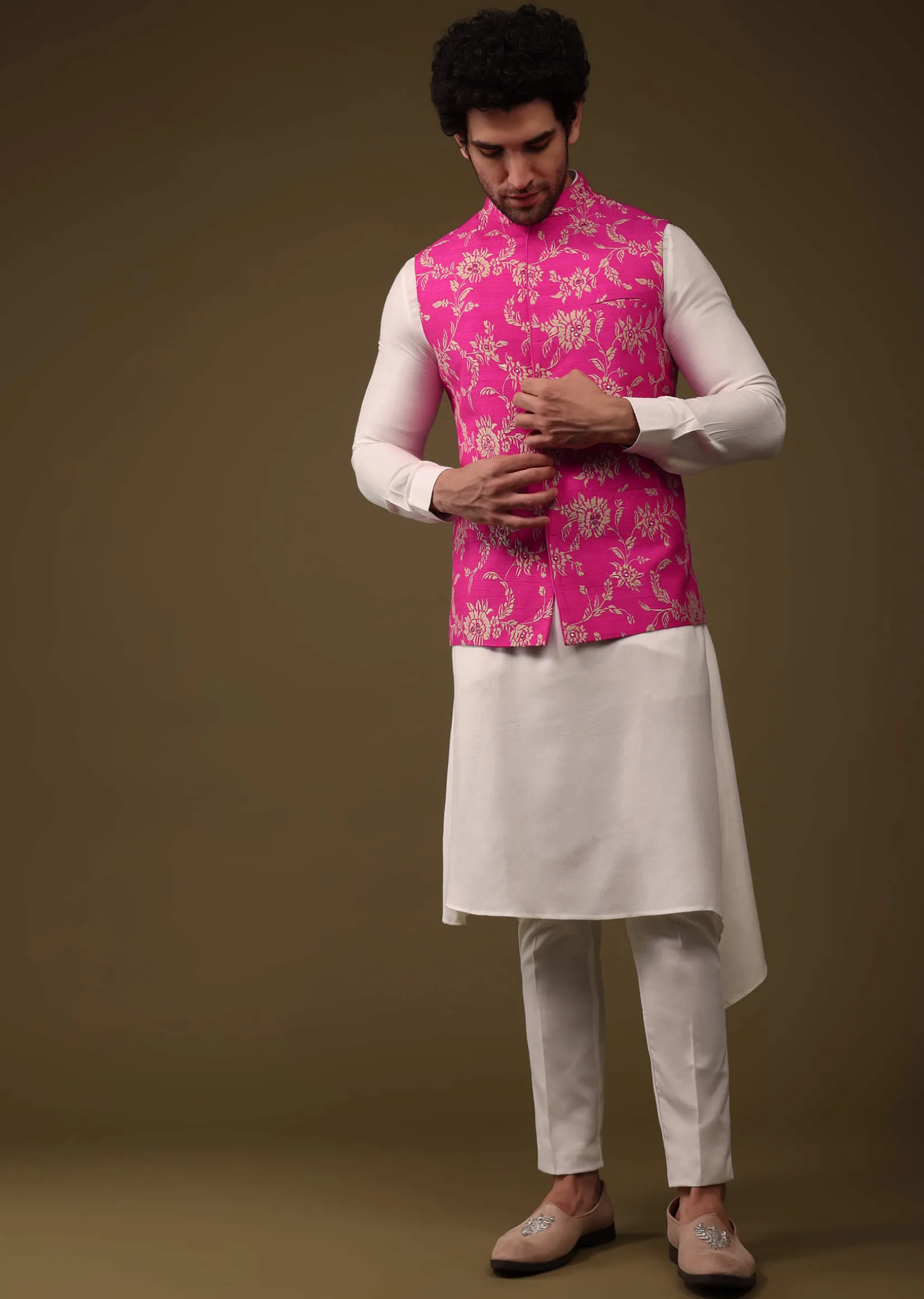 Hot Pink Jacket Kurta Set In Silk With Threadwork And High-Low Kurta