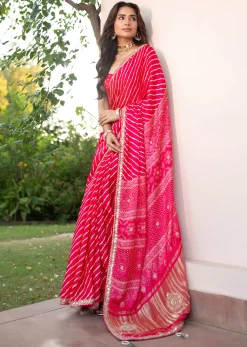 Hot Pink Lehariya Saree In Gota Patti Work With Unstitched Blouse