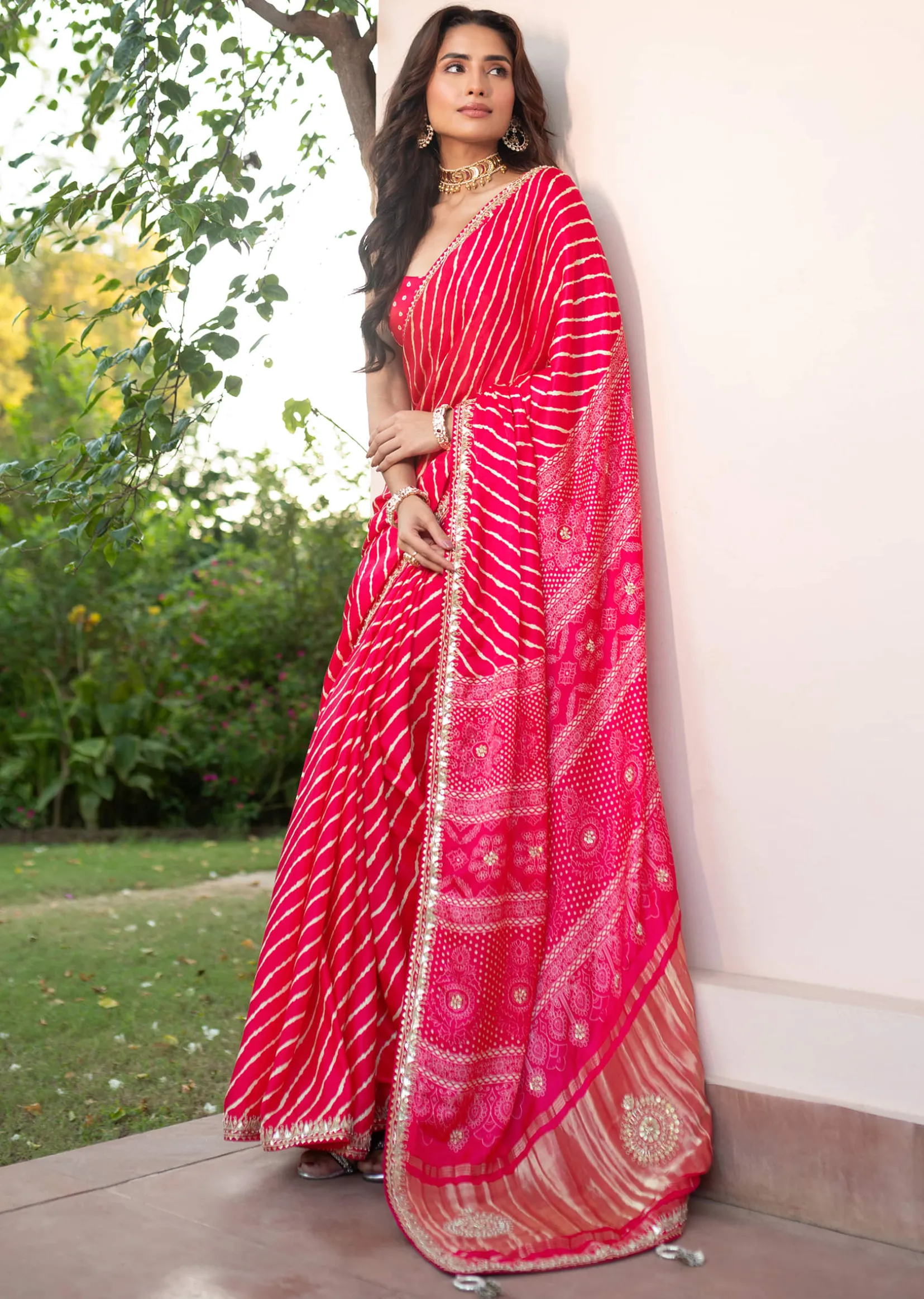 Hot Pink Lehariya Saree In Gota Patti Work With Unstitched Blouse