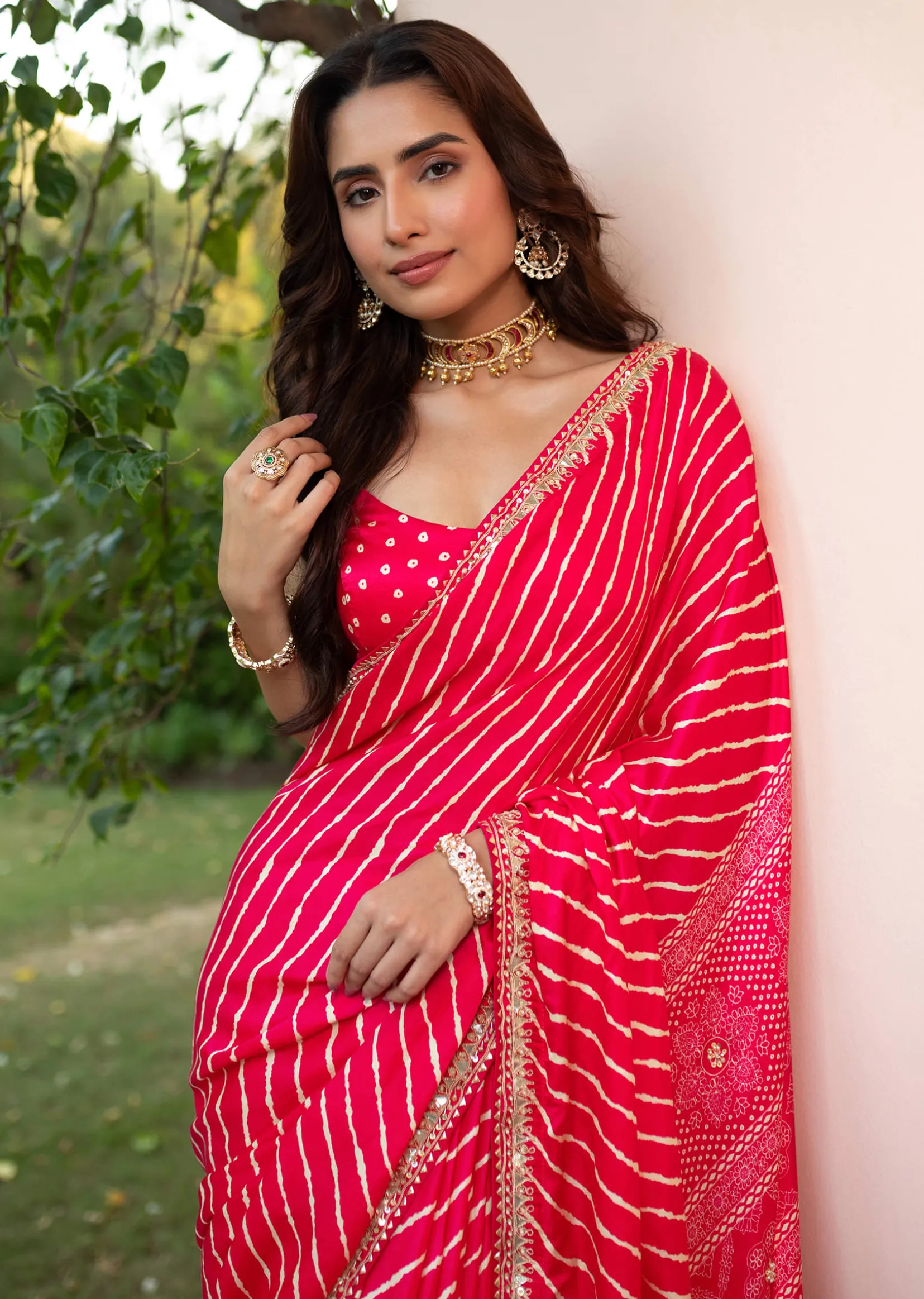 Hot Pink Lehariya Saree In Gota Patti Work With Unstitched Blouse
