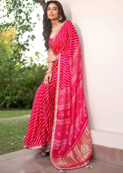 Hot Pink Lehariya Saree In Gota Patti Work With Unstitched Blouse