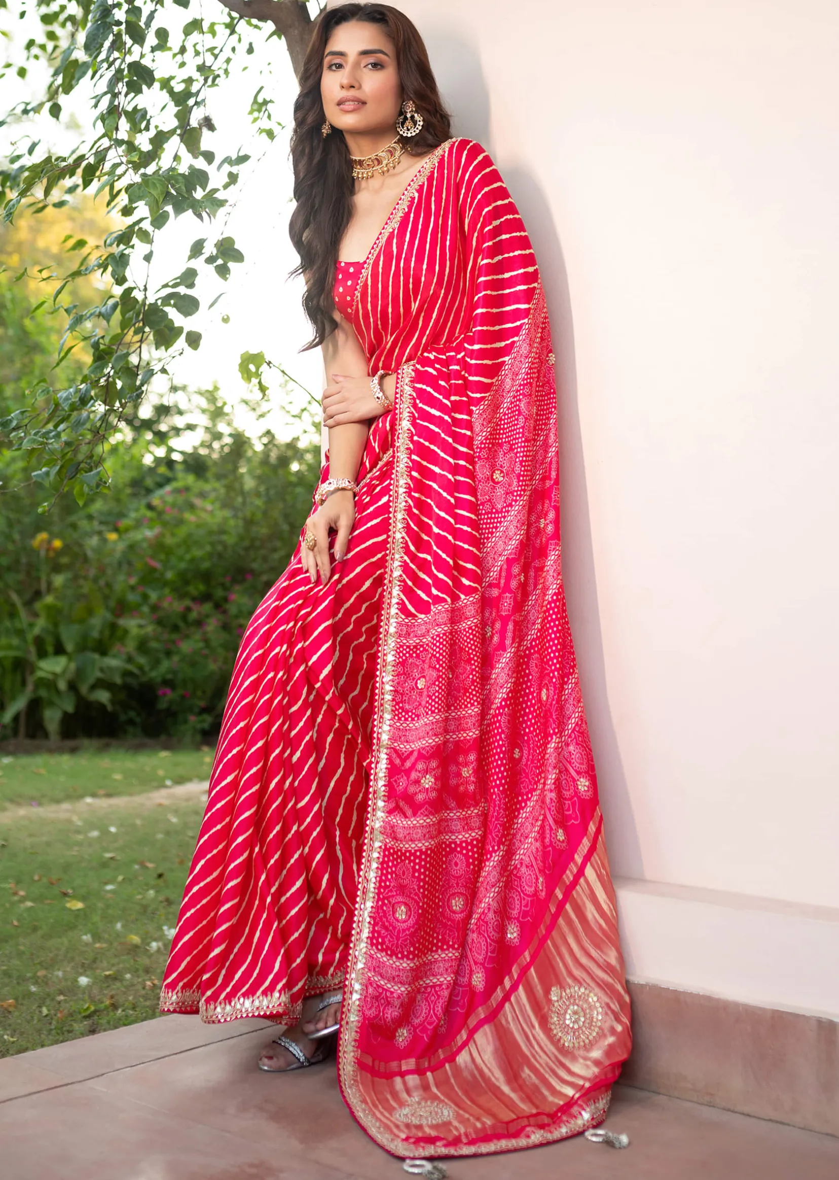 Hot Pink Lehariya Saree In Gota Patti Work With Unstitched Blouse