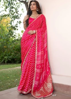 Hot Pink Lehariya Saree In Gota Patti Work With Unstitched Blouse