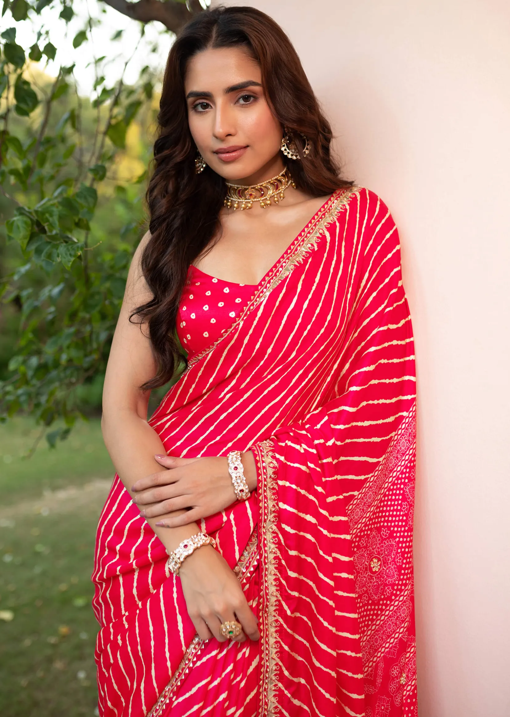 Hot Pink Lehariya Saree In Gota Patti Work With Unstitched Blouse