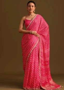 Hot Pink Lehariya Saree In Gota Patti Work With Unstitched Blouse
