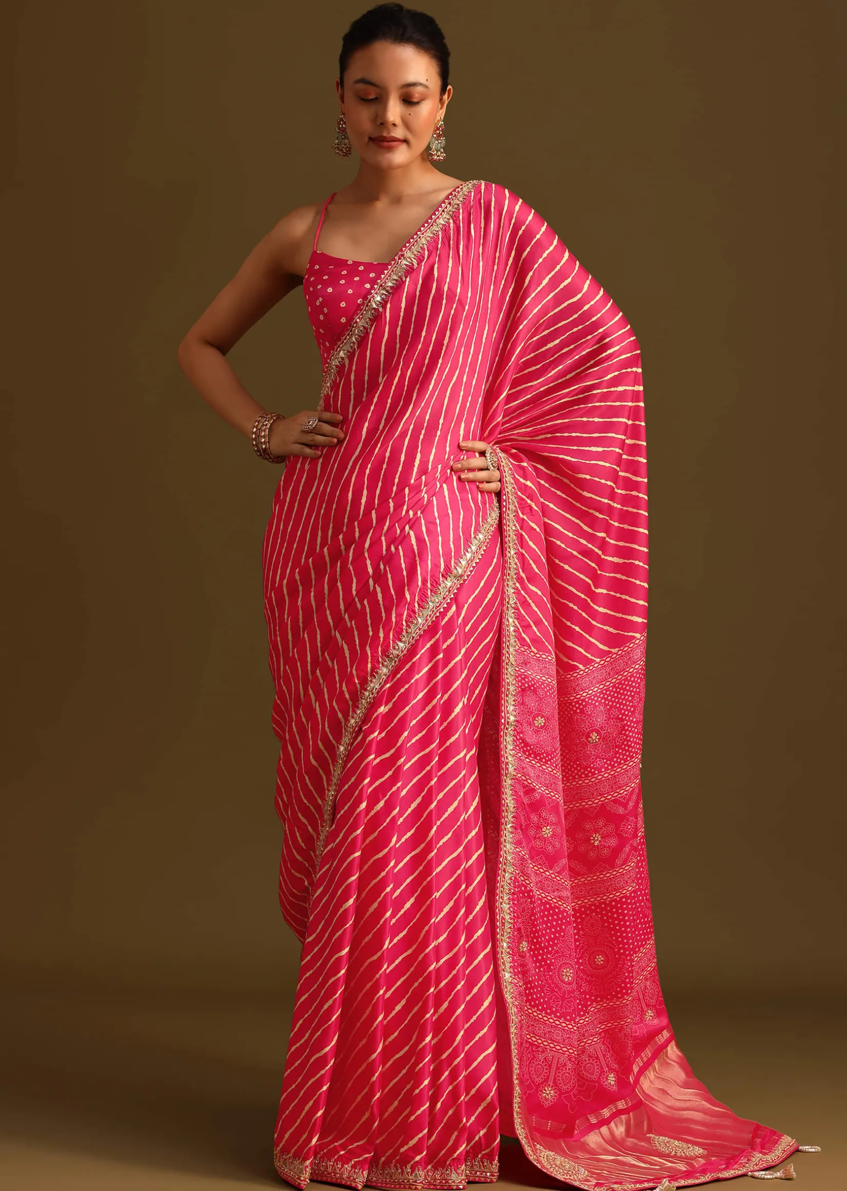 Hot Pink Lehariya Saree In Gota Patti Work With Unstitched Blouse