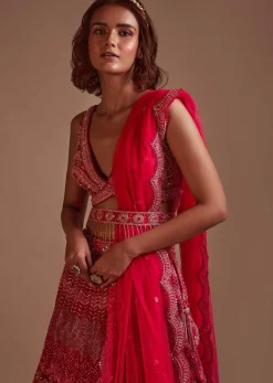Hot Pink Lehenga Choli In Net With Mirror Work In Floral And Mughal Motifs Along With A Tassel Belt