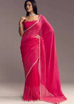 Hot Pink Organza Saree With Stone And Cut Dana Work