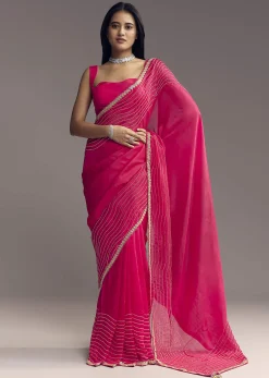 Hot Pink Organza Saree With Stone And Cut Dana Work