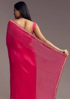 Hot Pink Organza Saree With Stone And Cut Dana Work