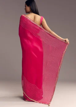 Hot Pink Organza Saree With Stone And Cut Dana Work