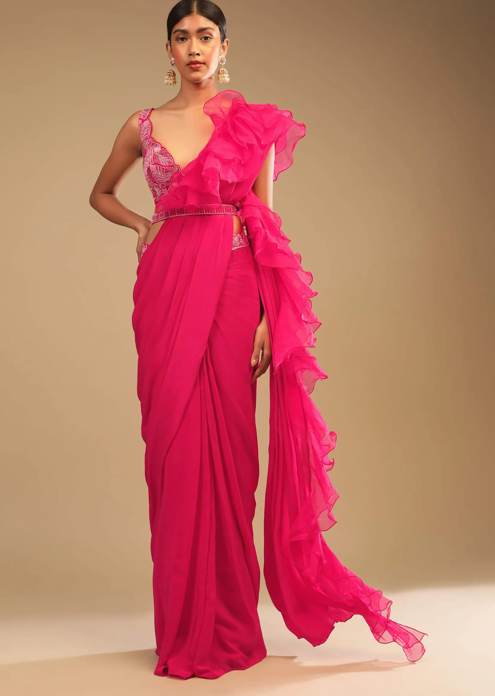 Hot Pink Readymade Saree In Crepe With Ruffle Frill On The Pallu And Beads Embroidered Crop Top And Belt