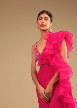 Hot Pink Readymade Saree In Crepe With Ruffle Frill On The Pallu And Beads Embroidered Crop Top And Belt