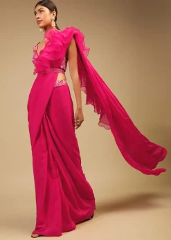 Hot Pink Readymade Saree In Crepe With Ruffle Frill On The Pallu And Beads Embroidered Crop Top And Belt
