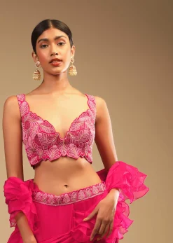 Hot Pink Readymade Saree In Crepe With Ruffle Frill On The Pallu And Beads Embroidered Crop Top And Belt