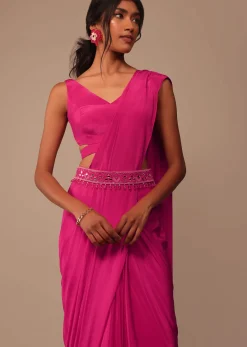 Hot Pink Readymade Saree With Embroidered Belt