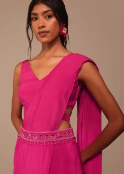 Hot Pink Readymade Saree With Embroidered Belt