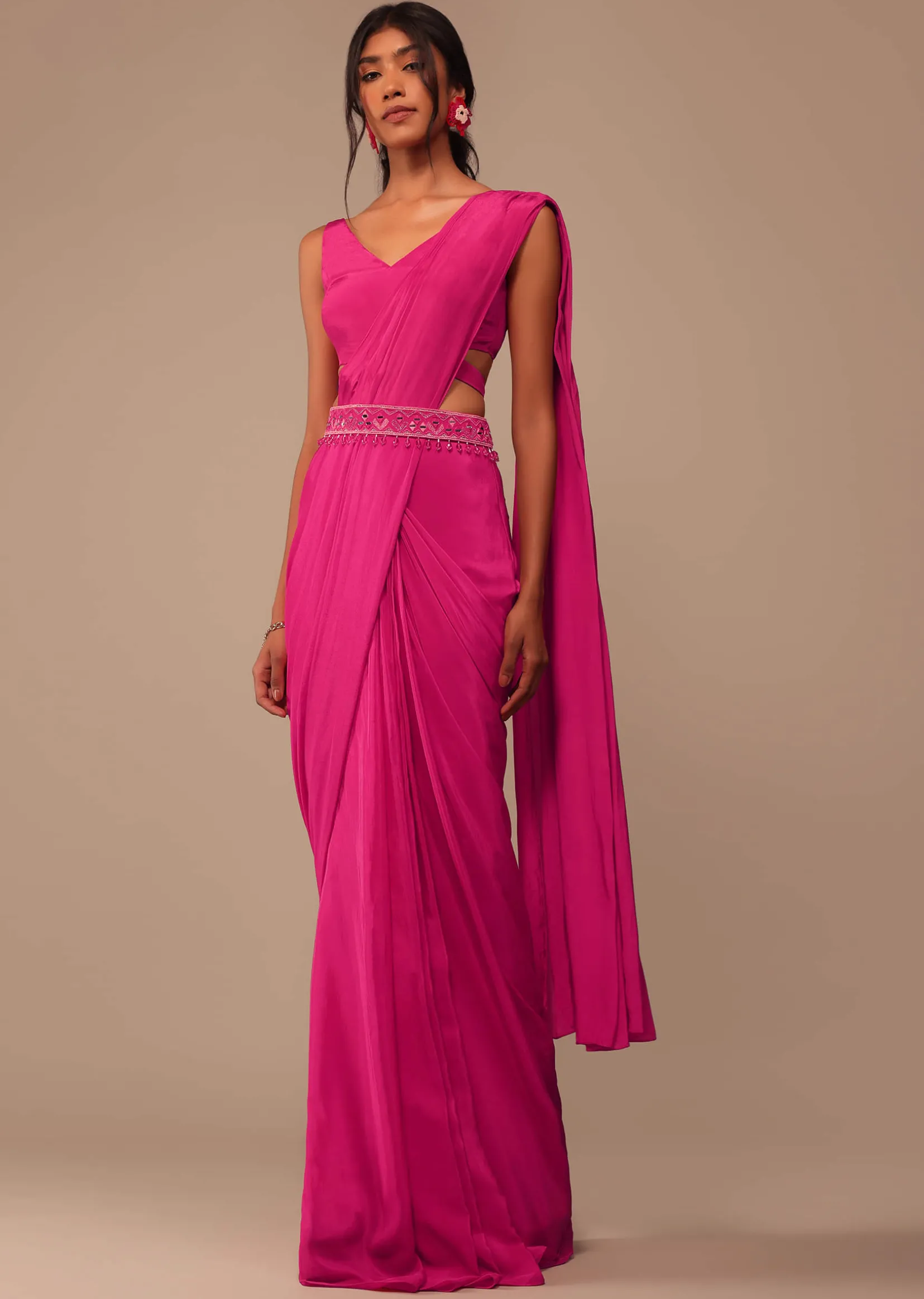Hot Pink Readymade Saree With Embroidered Belt