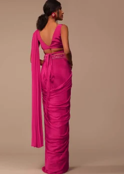 Hot Pink Readymade Saree With Embroidered Belt