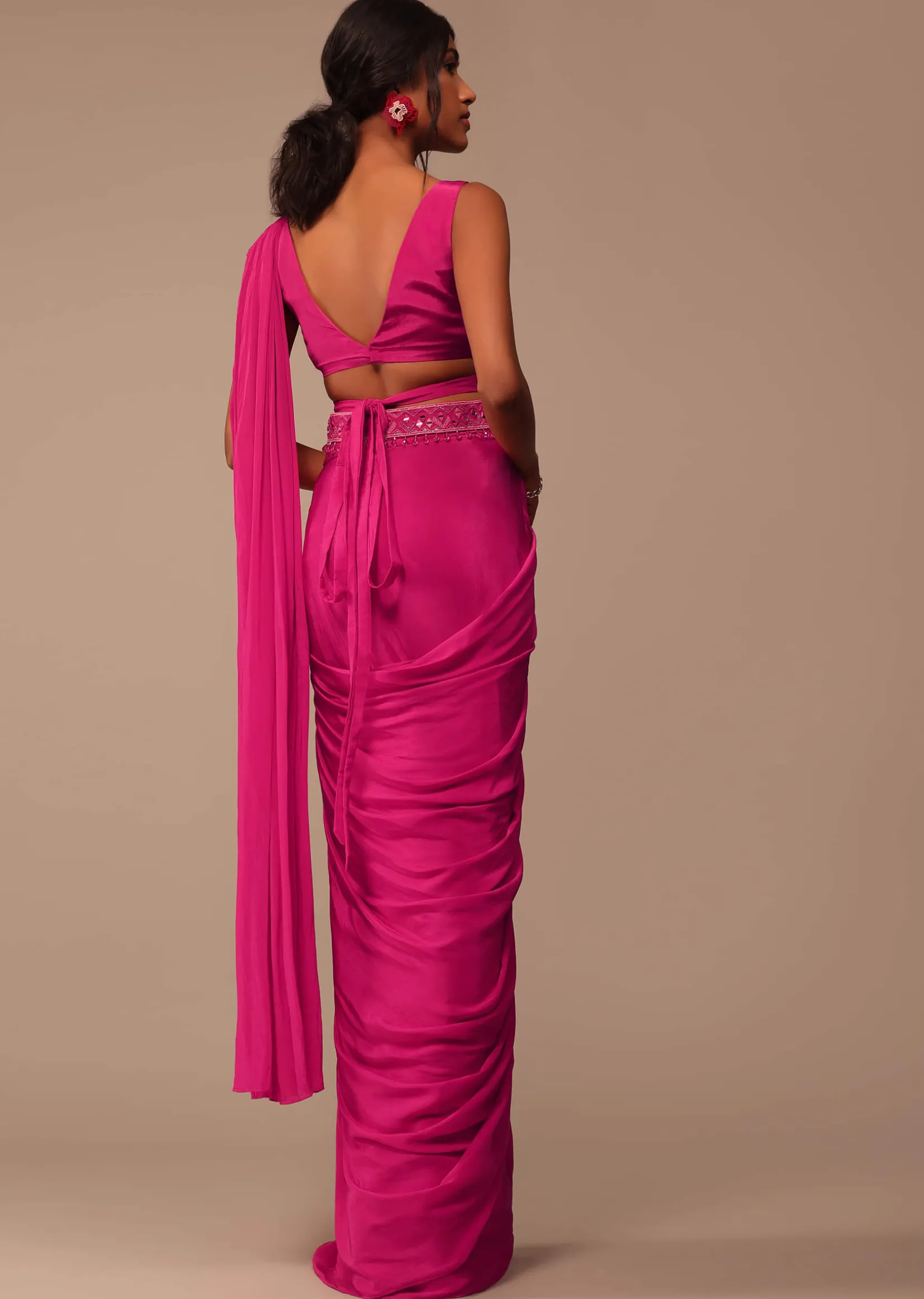 Hot Pink Readymade Saree With Embroidered Belt