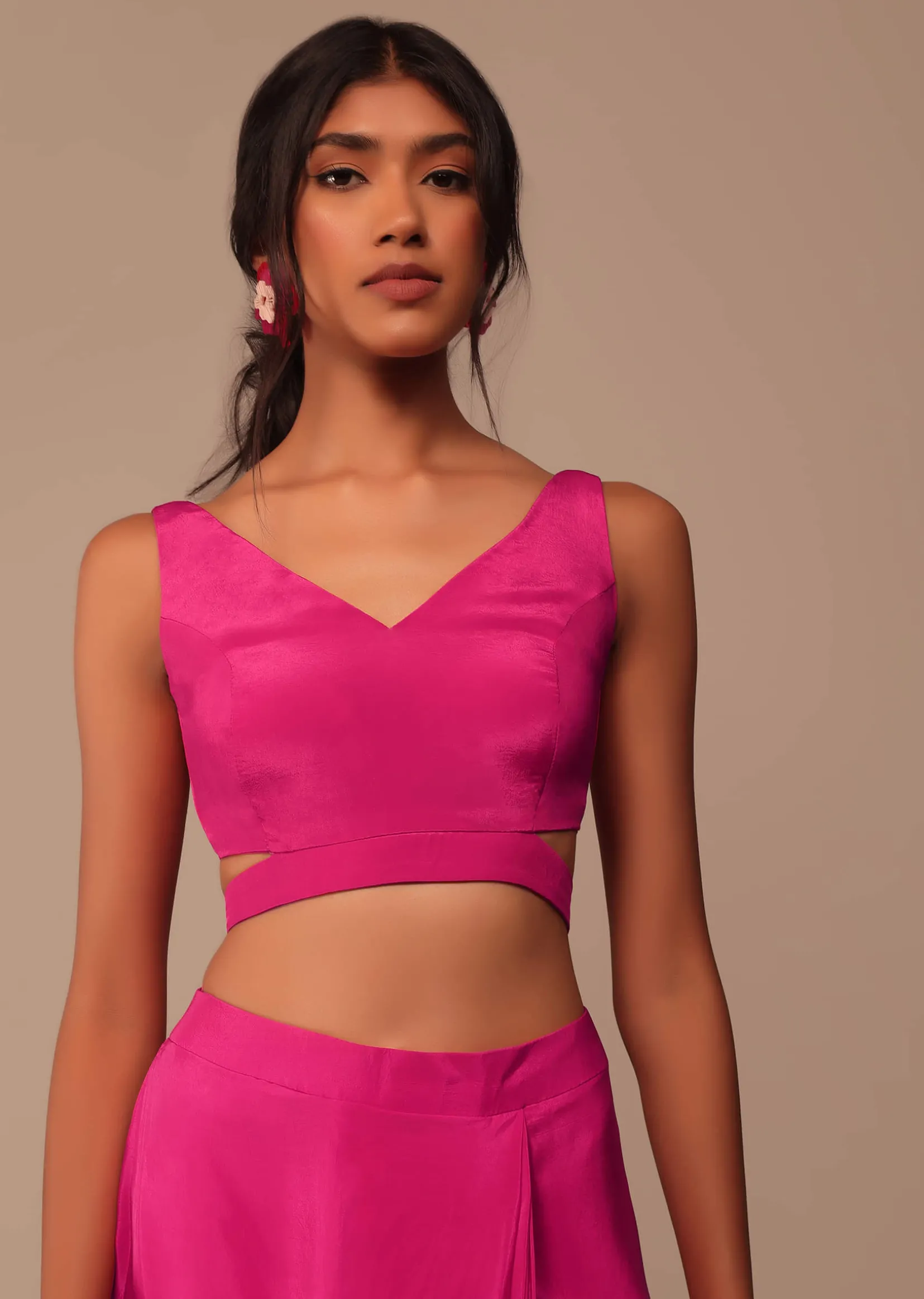 Hot Pink Readymade Saree With Embroidered Belt