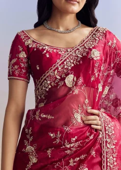 Hot Pink Satin Saree With Floral Embroidery In Sequins And Cutdana