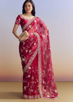 Hot Pink Satin Saree With Floral Embroidery In Sequins And Cutdana