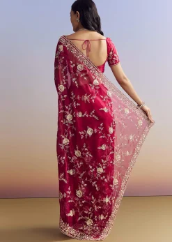 Hot Pink Satin Saree With Floral Embroidery In Sequins And Cutdana