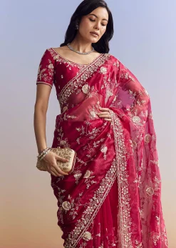 Hot Pink Satin Saree With Floral Embroidery In Sequins And Cutdana