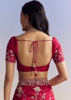 Hot Pink Satin Saree With Floral Embroidery In Sequins And Cutdana