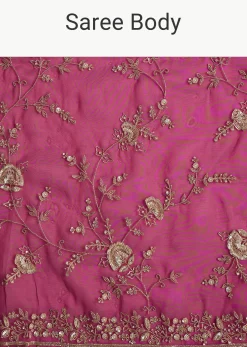 Hot Pink Satin Saree With Floral Embroidery In Sequins And Cutdana